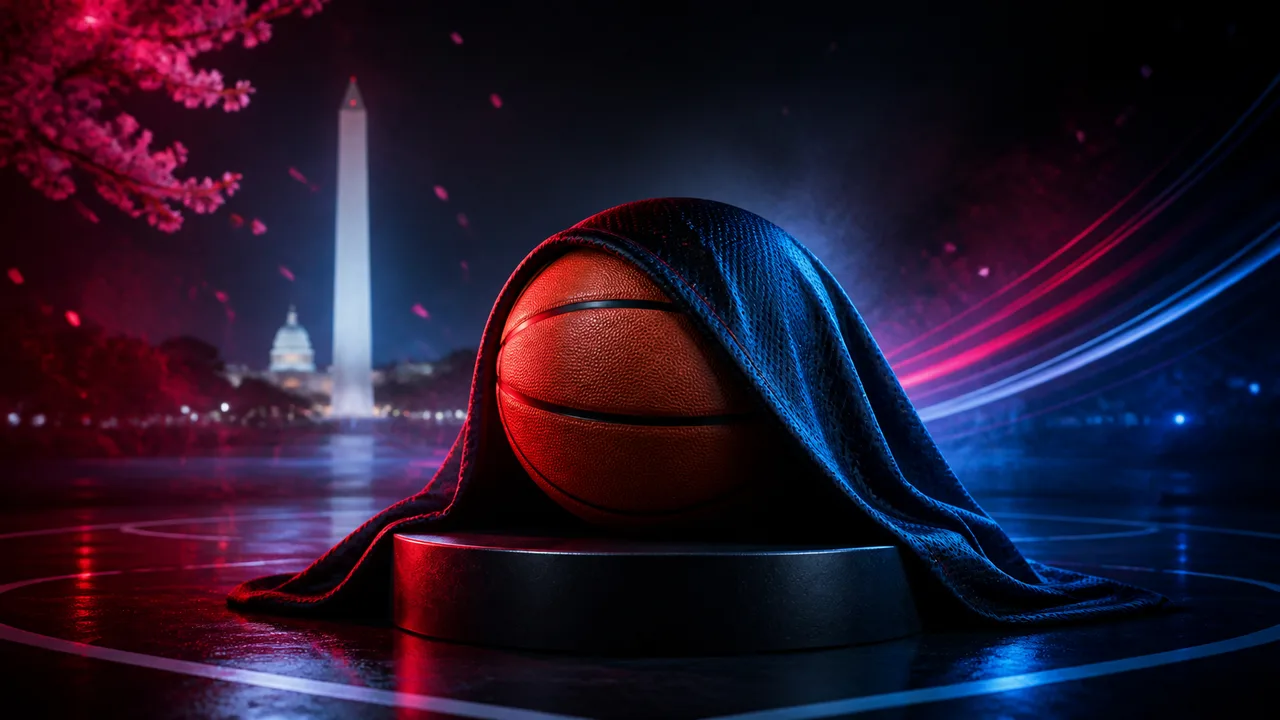 A basketball partially covered by dark athletic fabric beneath red and blue lights with the Washington Monument in the background