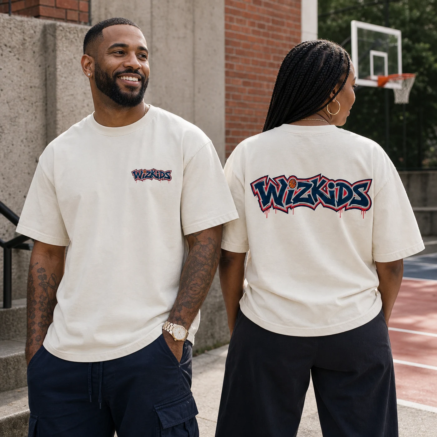 Two Washington WizKids fans modeling the Graffiti A heavyweight ivory tee concept