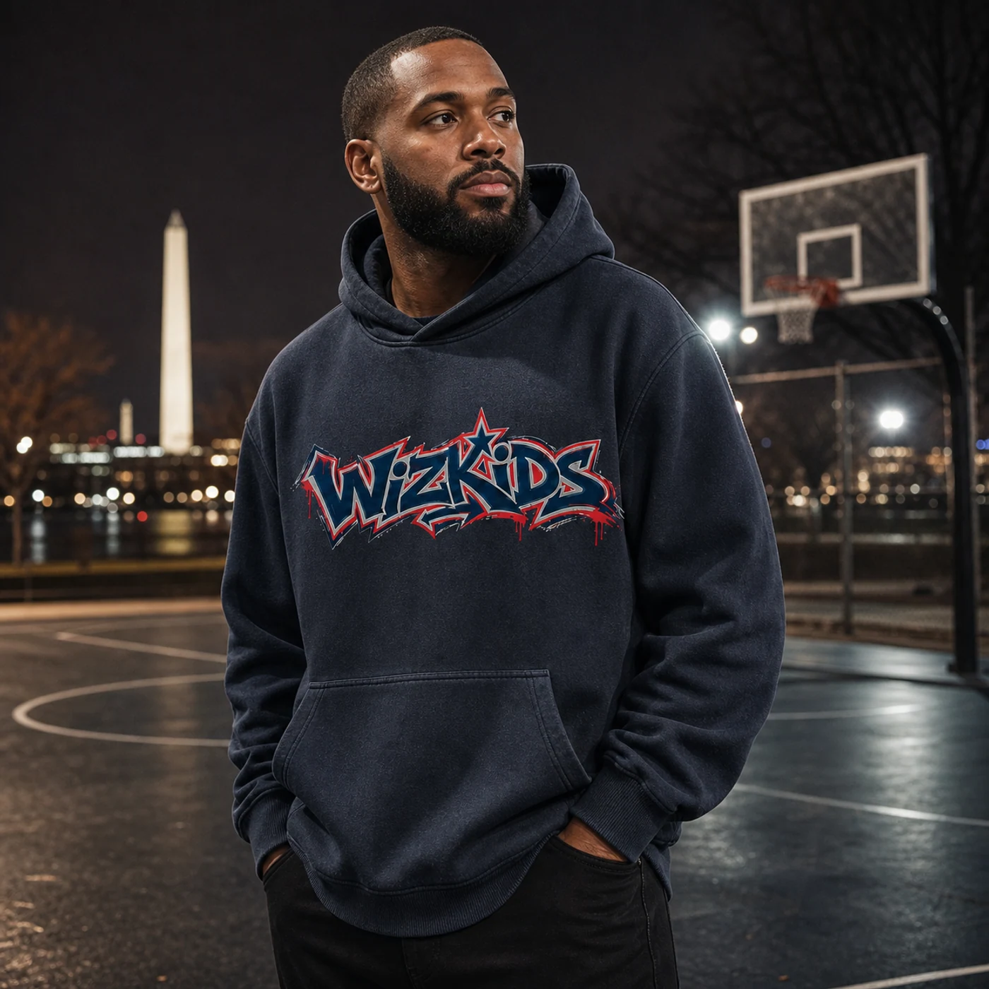 Washington WizKids Graffiti B midnight heavyweight hoodie concept at a nighttime basketball court